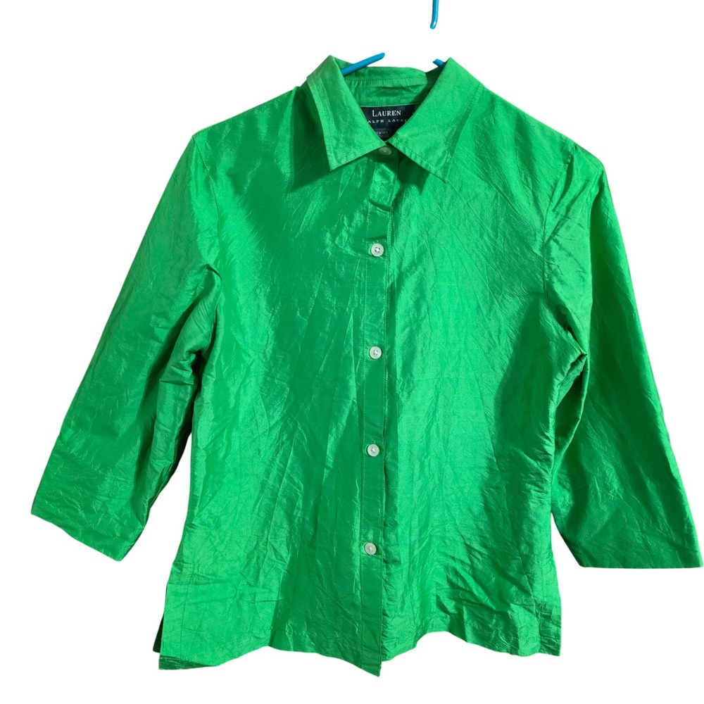 Lauren Ralph Lauren Womens S Button Down Shirt Green 100% Silk Blouse Top